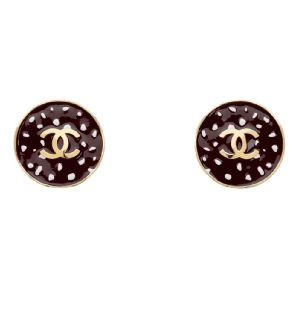 Chanel 26A Blazy Gold Brown Deer Spotted Circle CC Logo Dangle Drop Stud Earring